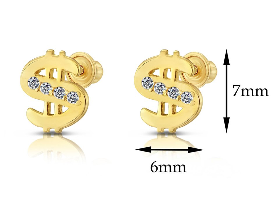 10k Yellow Gold Cubic Zirconia Money Sign Stud Earrings, Screwback