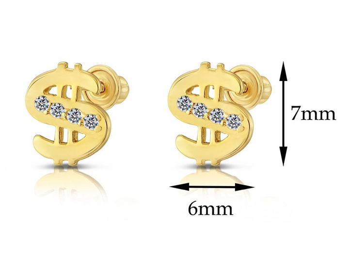 10k Yellow Gold Cubic Zirconia Money Sign Stud Earrings, Screwback