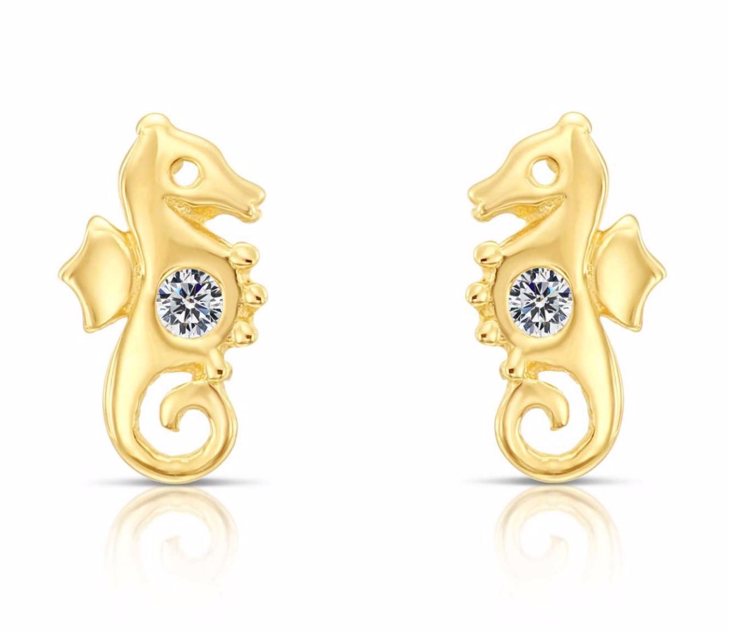 10k Yellow Gold Cubic Zirconia Seahorse Stud Earrings