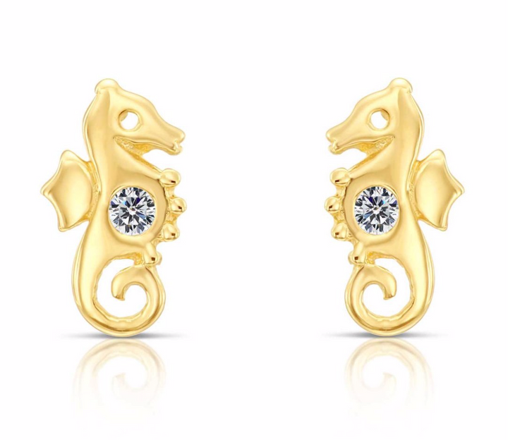 10k Yellow Gold Cubic Zirconia Seahorse Stud Earrings