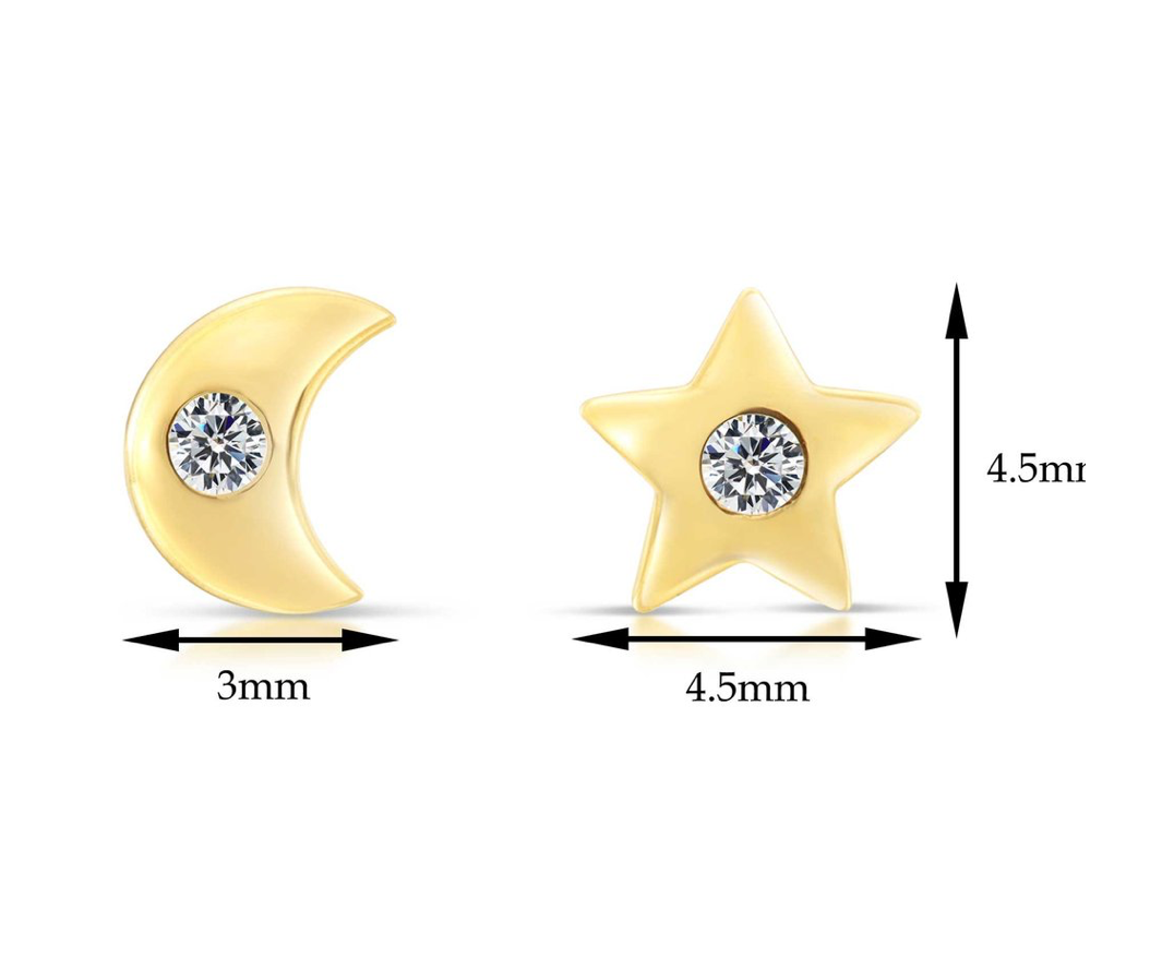 10k Yellow Gold Cubic Zirconia Star and Moon Stud Earrings, Screwback