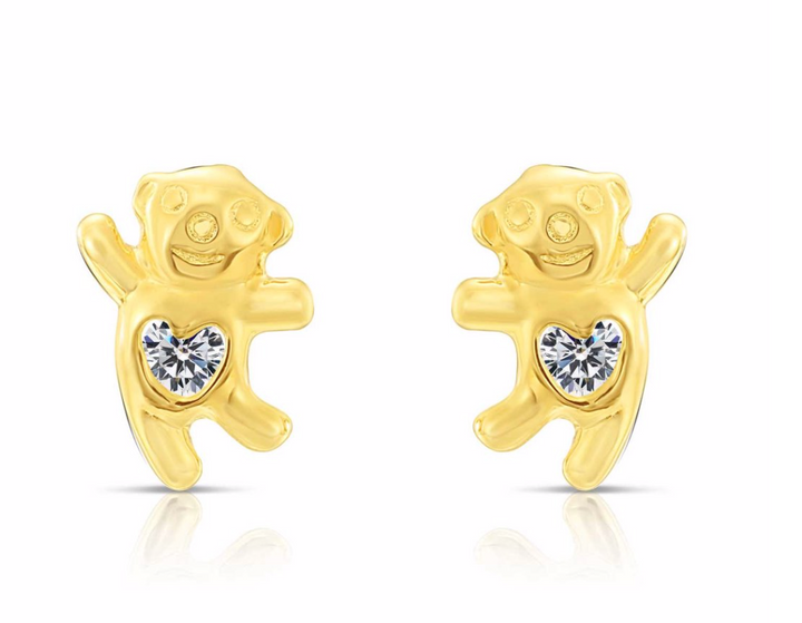 10k Yellow Gold Cubic Zirconia Bear Stud Earrings, Screwback