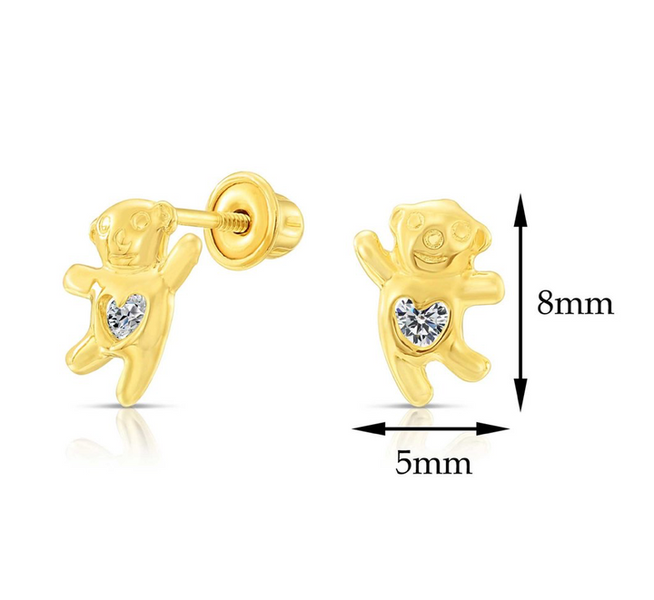 10k Yellow Gold Cubic Zirconia Bear Stud Earrings, Screwback