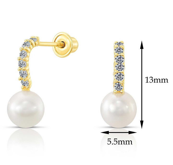 10k Yellow Gold Cubic Zirconia Freshwater Pearl Stud Drop Earrings