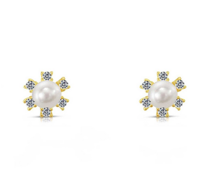 10k Yellow Gold Cubic Zirconia Flower Freshwater Pearl Stud Earrings