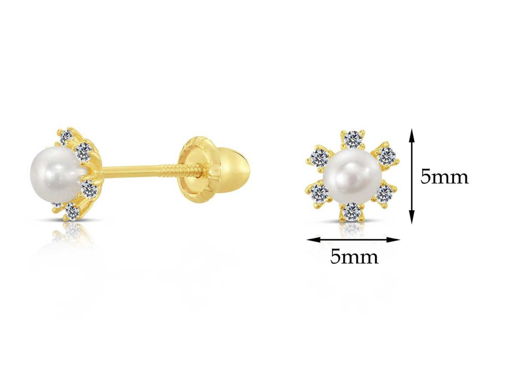 10k Yellow Gold Cubic Zirconia Flower Freshwater Pearl Stud Earrings