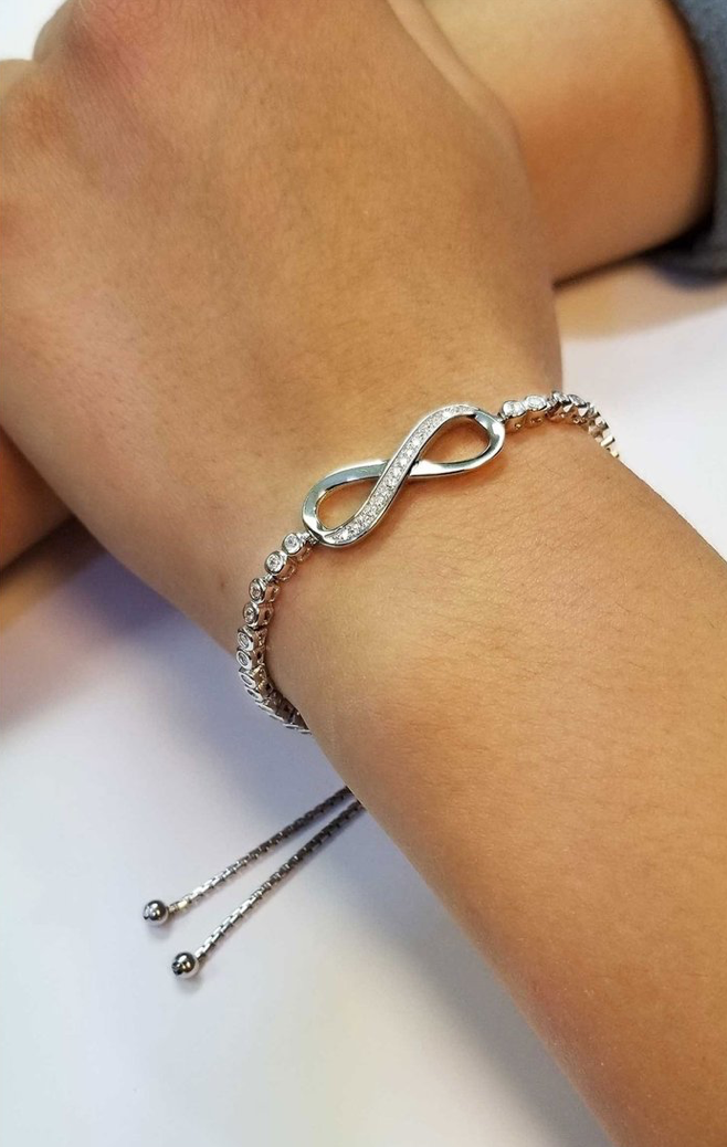 925 Sterling Silver Infinity Adjustable Bracelet with Cubic Zirconia