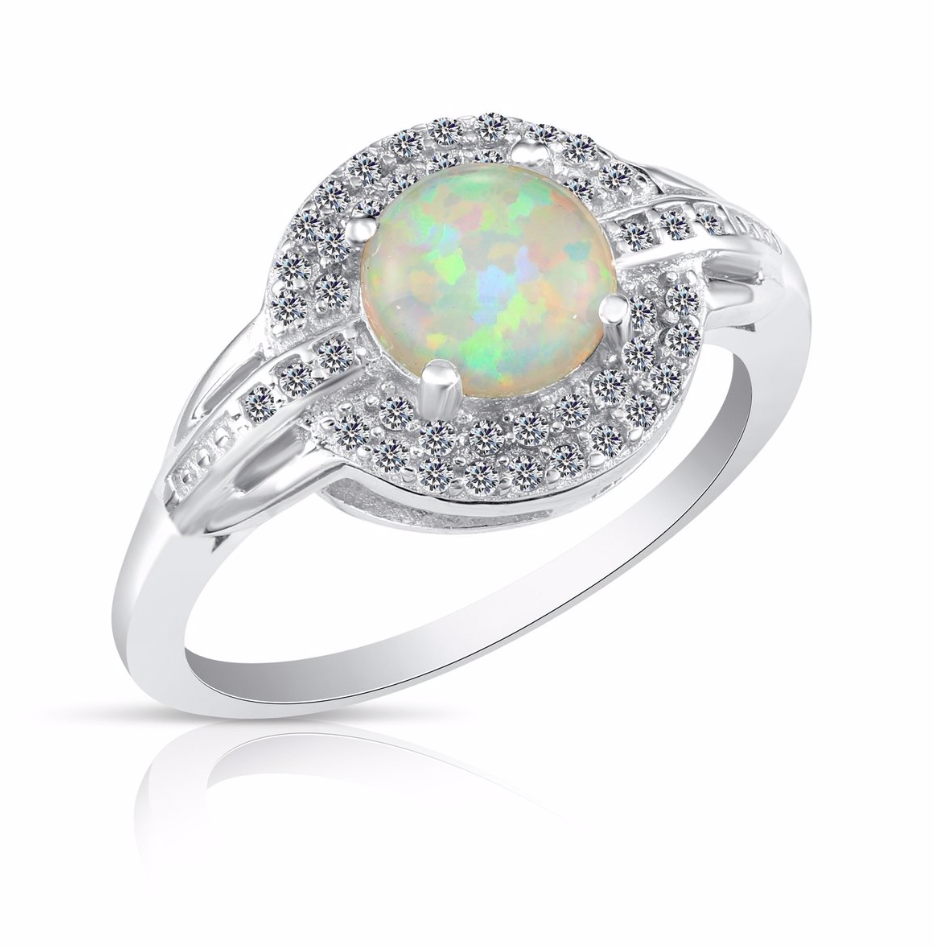 Sterling Silver Cubic Zirconia Halo Fire Opal Birthstone Ring NY12709
