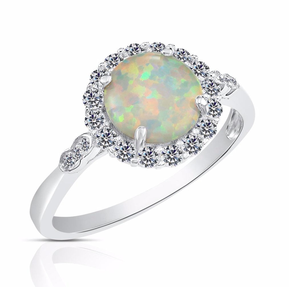 Sterling Silver Cubic Zirconia Halo Fire Opal Birthstone Ring NY12682