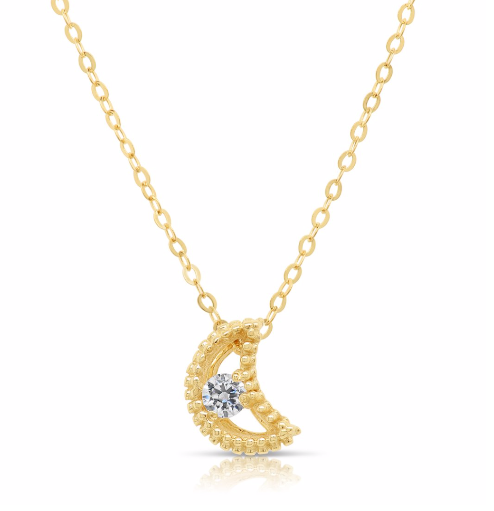 14K Yellow Gold Cubic Zirconia Crescent Moon Necklace, Adjustable