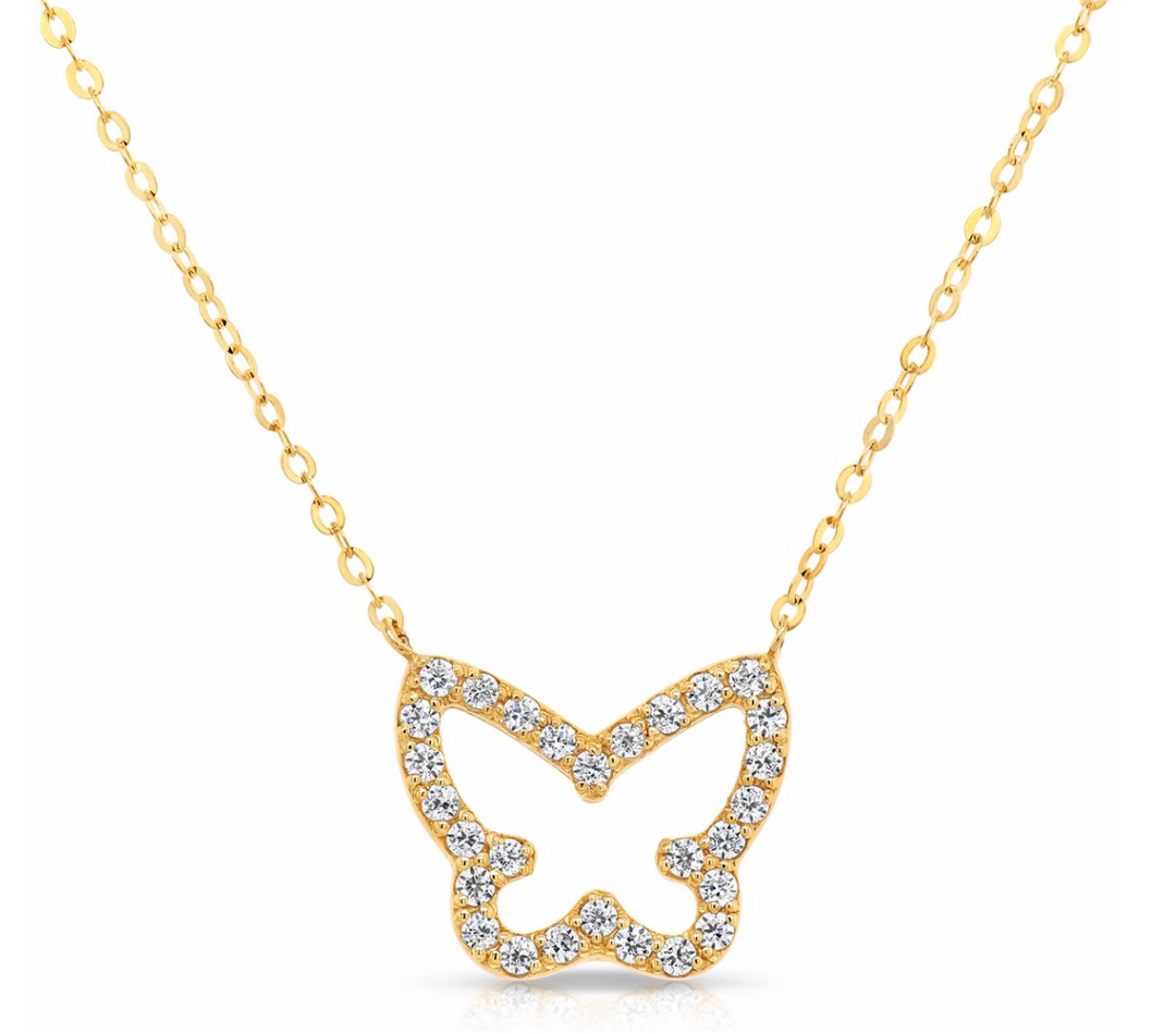 14K Yellow Gold Cubic Zirconia Butterfly Halo Necklace, Adjustable