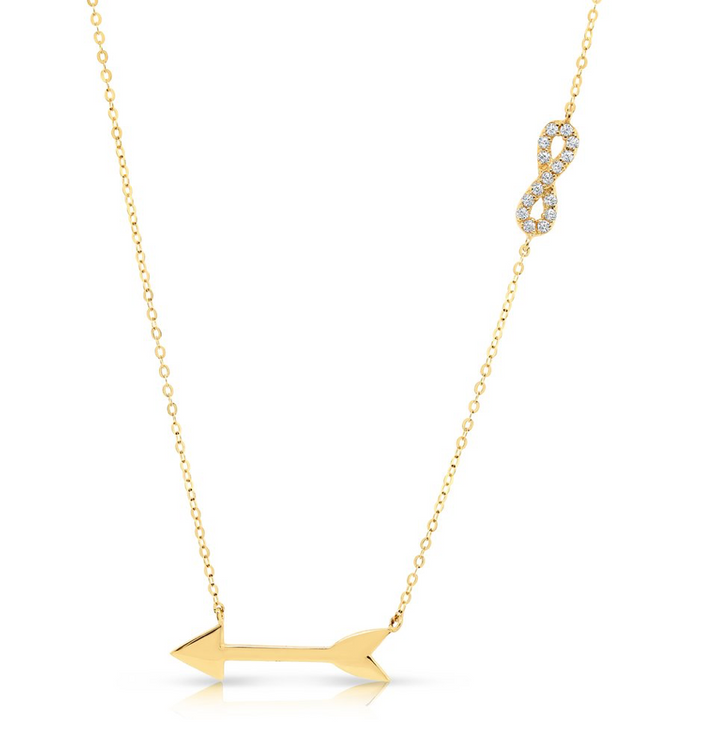 14K Yellow Gold Cubic Zirconia Infinity Arrow Necklace, Adjustable