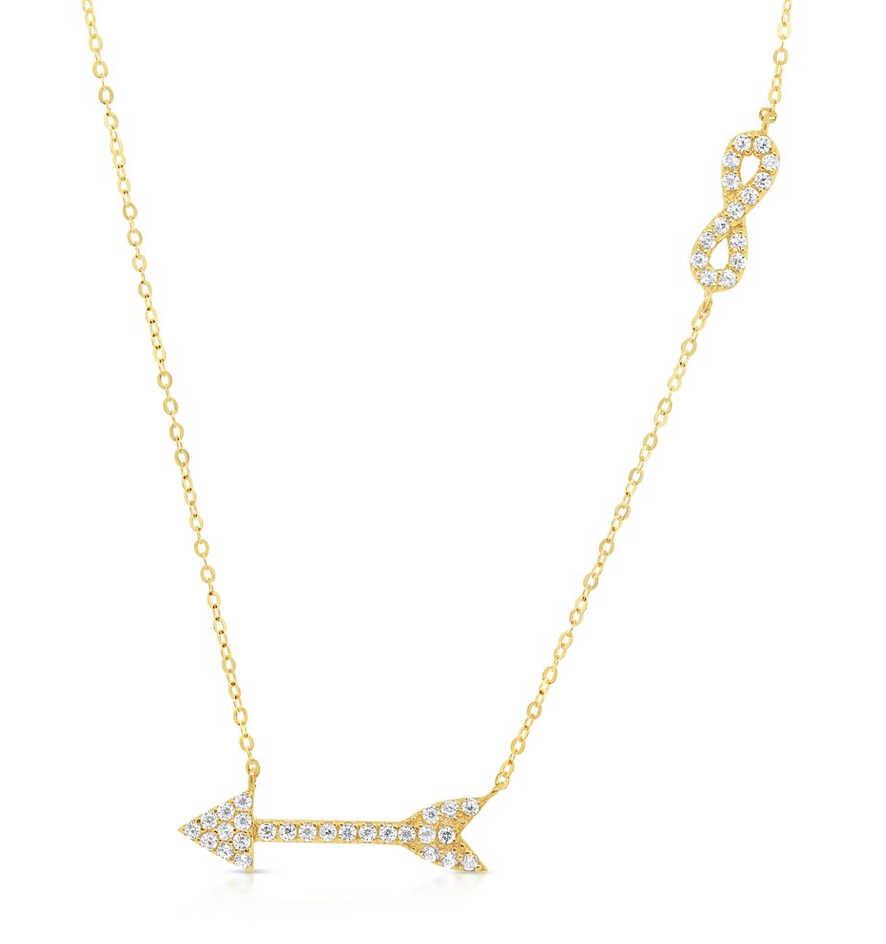 14K Yellow Gold Cubic Zirconia Infinity Arrow Necklace, Adjustable
