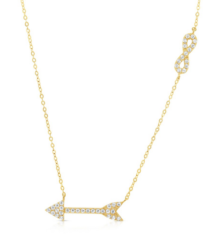 14K Yellow Gold Cubic Zirconia Infinity Arrow Necklace, Adjustable