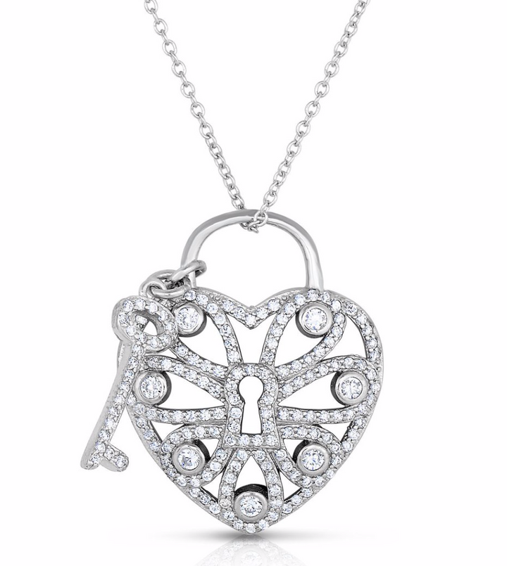 925 Sterling Silver Heart Lock & Key Cubic Zirconia Adjustable Pendant Necklace