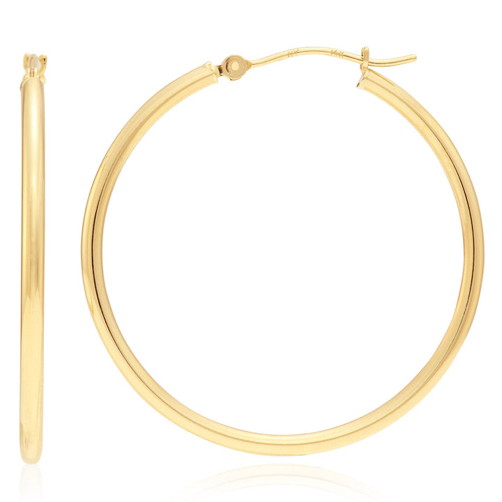 14K Yellow Gold Classic Polished Hoop Earrings - 2MM MADE IN USA