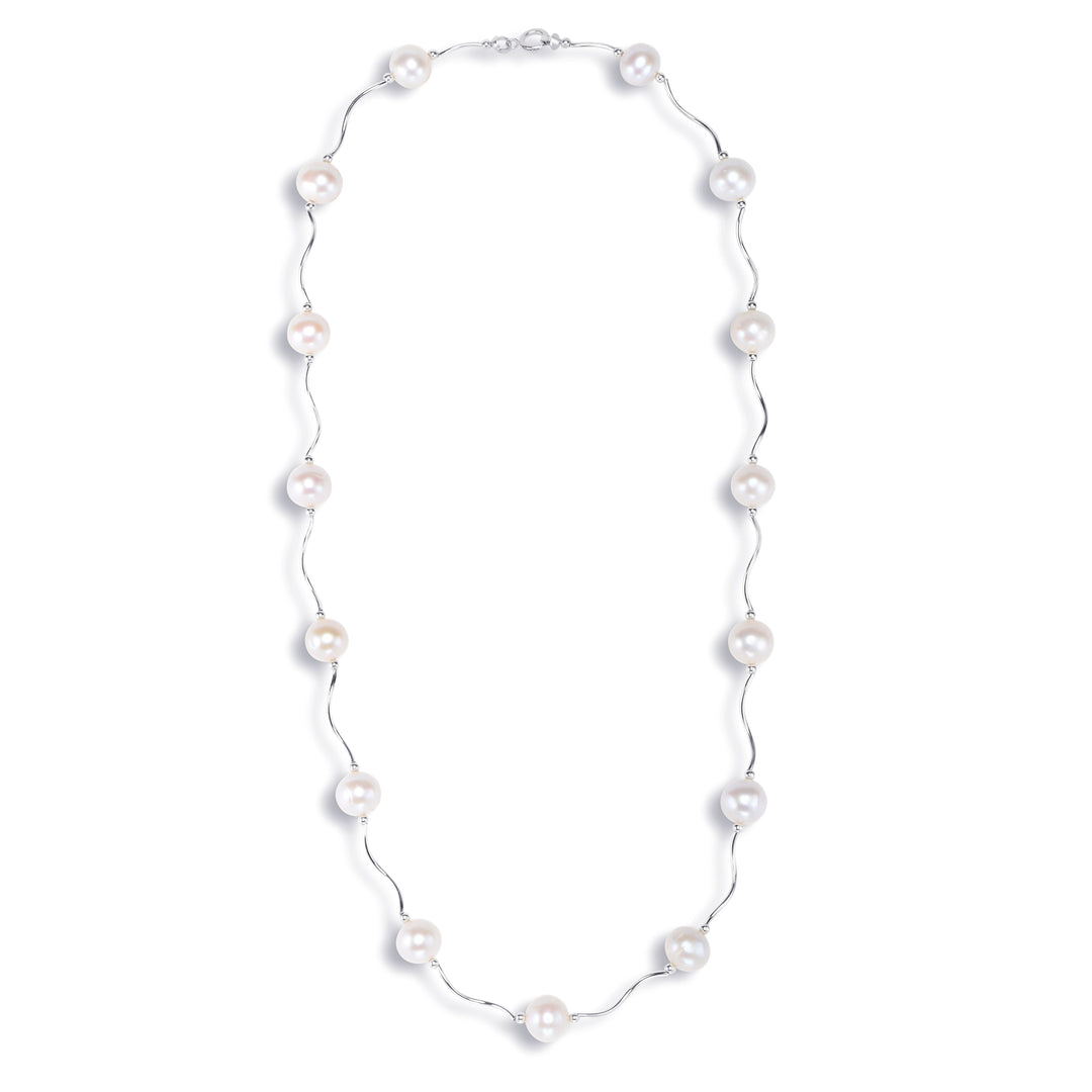 14k Solid Gold Freshwater Cultured Pearl Station Necklace - Plain