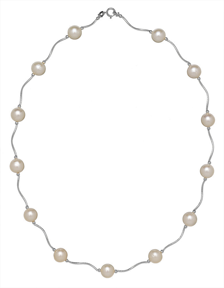 14k Solid Gold Freshwater Cultured Pearl Station Necklace - Diamond-cut
