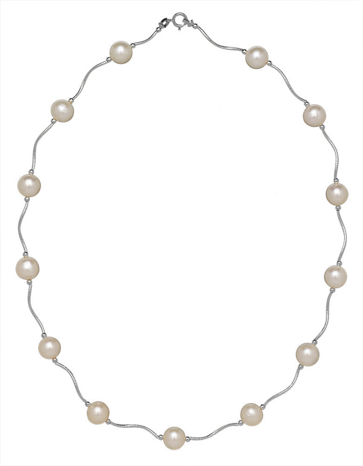 14k Solid Gold Freshwater Cultured Pearl Station Necklace - Diamond-cut