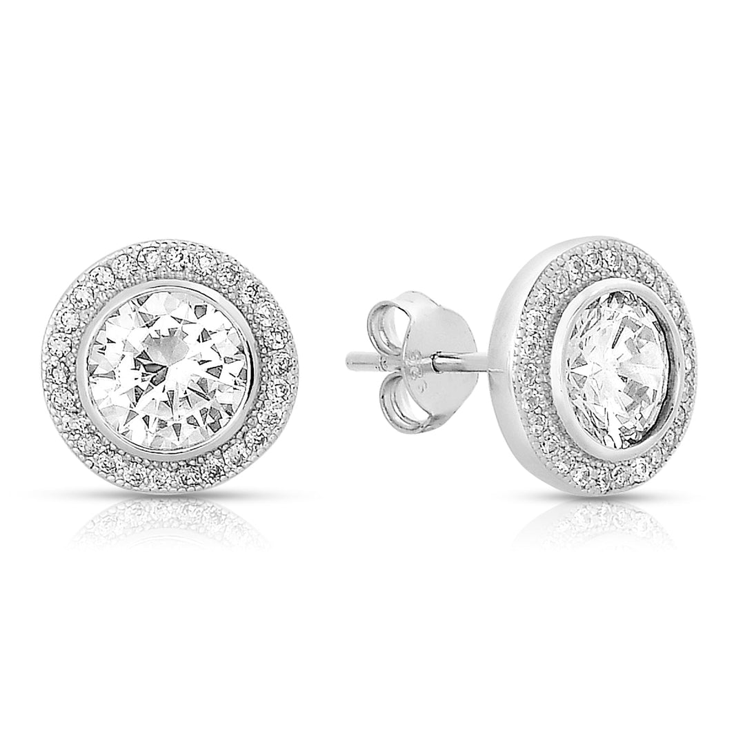 925 Sterling Silver Round Milgrain Halo Cubic Zirconia Push Back Stud Earrings