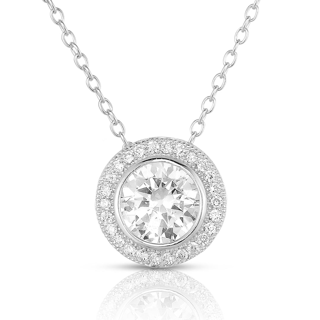 925 Sterling Silver Milgrain Halo Round Pendant Necklace
