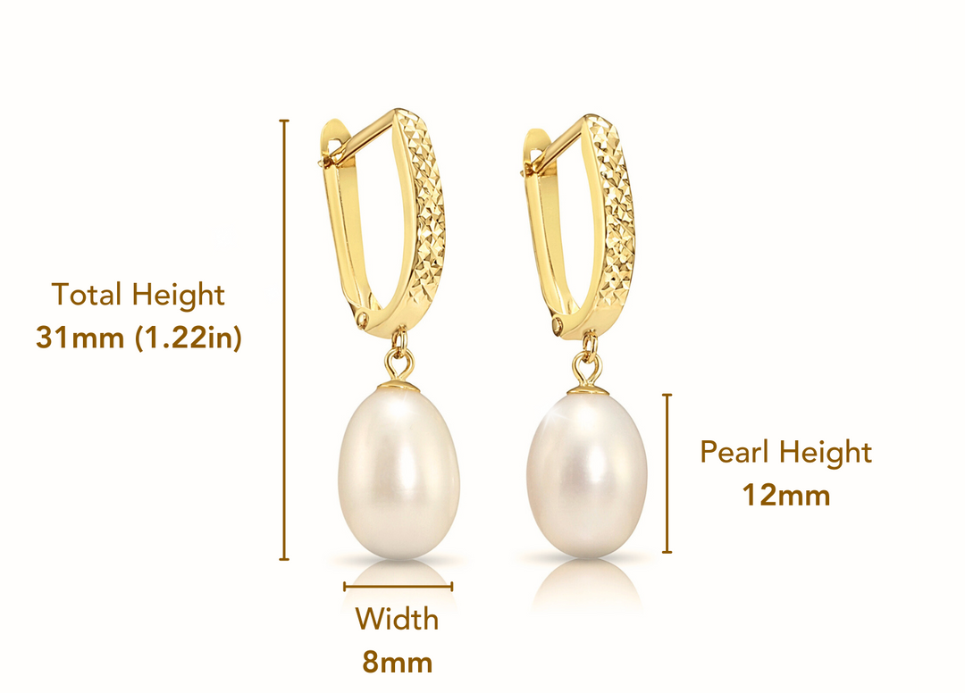 14K Gold Fancy Diamond Cut Freshwater Pearl Dangle Huggie Earrings