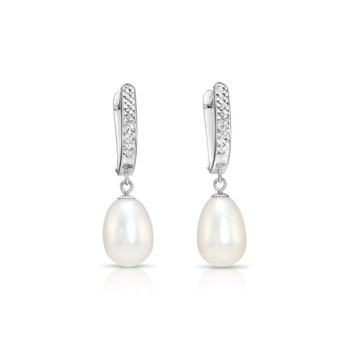 14K Gold Fancy Diamond Cut Freshwater Pearl Dangle Huggie Earrings