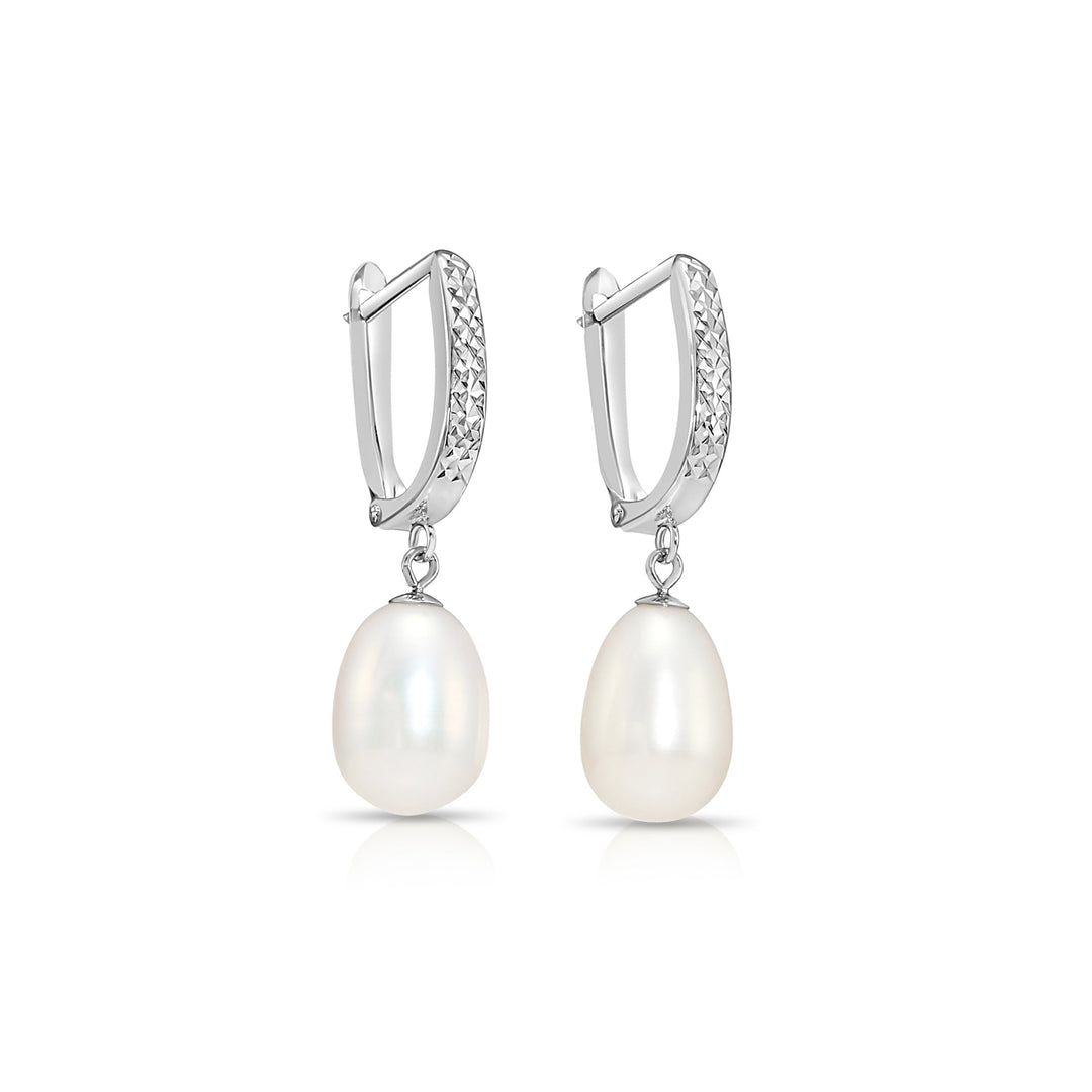 14K Gold Fancy Diamond Cut Freshwater Pearl Dangle Huggie Earrings