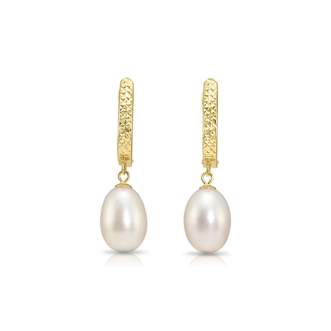 14K Gold Fancy Diamond Cut Freshwater Pearl Dangle Huggie Earrings