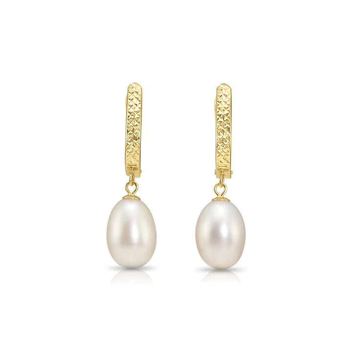 14K Gold Fancy Diamond Cut Freshwater Pearl Dangle Huggie Earrings