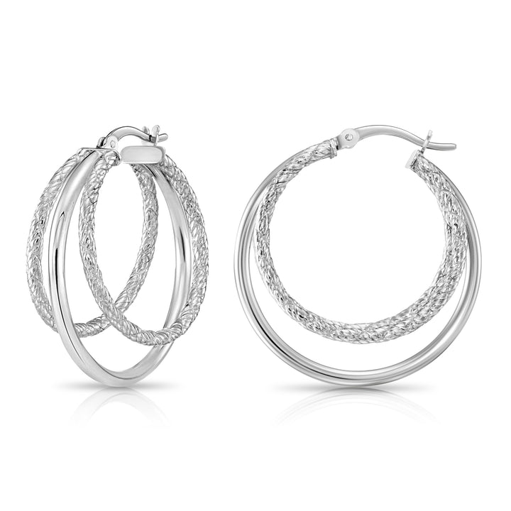 925 Sterling Silver Diamond Cut Triple Round Hoop Earrings