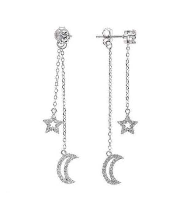 925 Sterling Silver Moon and Stars Cubic Zirconia Dangle Stud Earrings