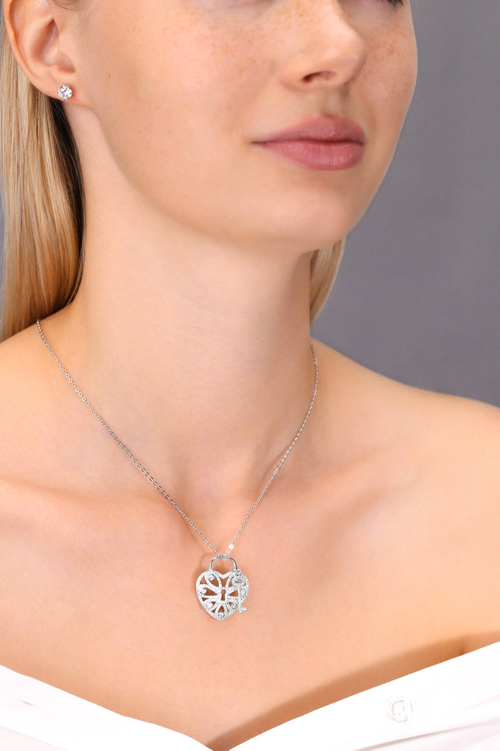 925 Sterling Silver Heart Lock & Key Cubic Zirconia Adjustable Pendant Necklace