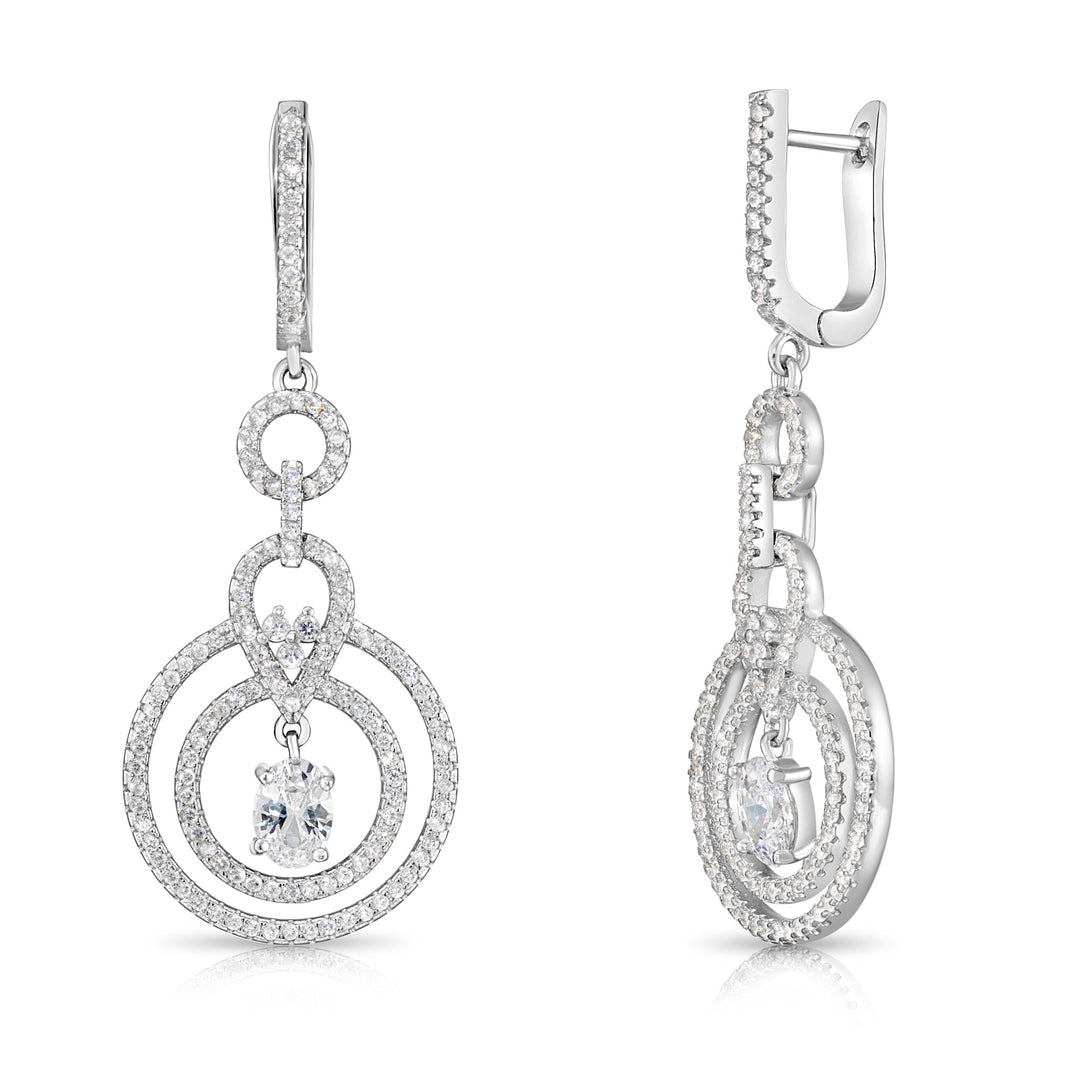 925 Sterling Silver Double Halo Solitaire Oval Pendant Necklace and Dangle Earrings Set