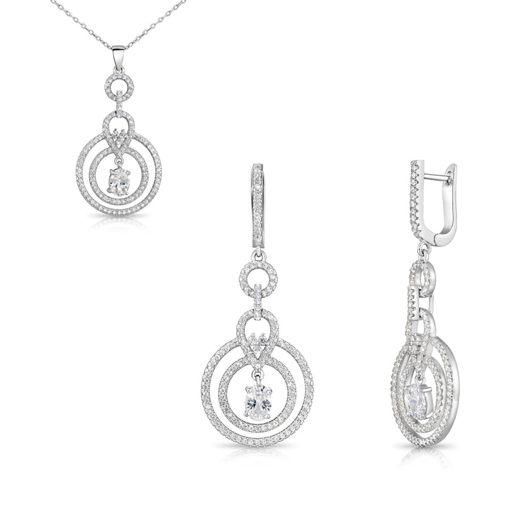 925 Sterling Silver Double Halo Solitaire Oval Pendant Necklace and Dangle Earrings Set