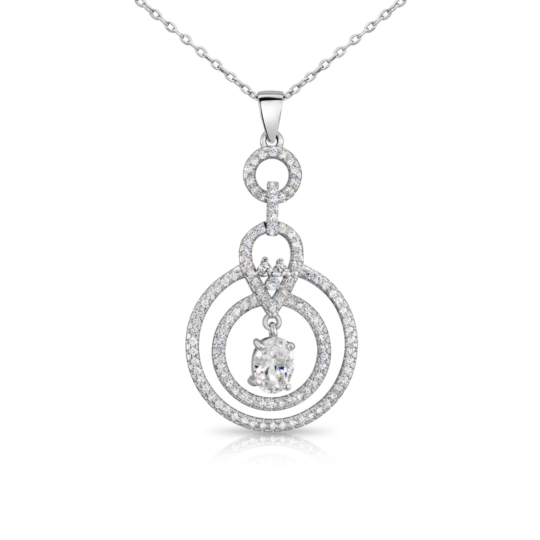 925 Sterling Silver Double Halo Solitaire Oval Pendant Necklace and Dangle Earrings Set
