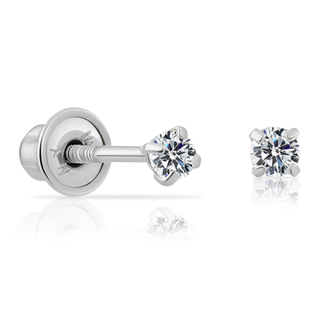 14k White Gold Cubic Zirconia Solitaire Stud Earrings, Screwback