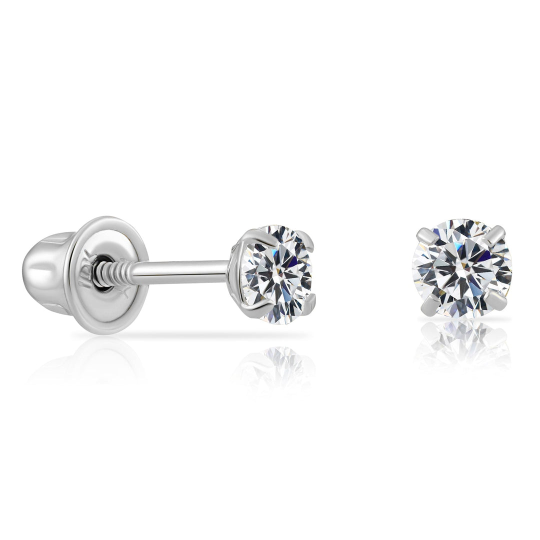 10k White Gold Solitaire Round Cubic Zirconia Stud Earrings - Screwback