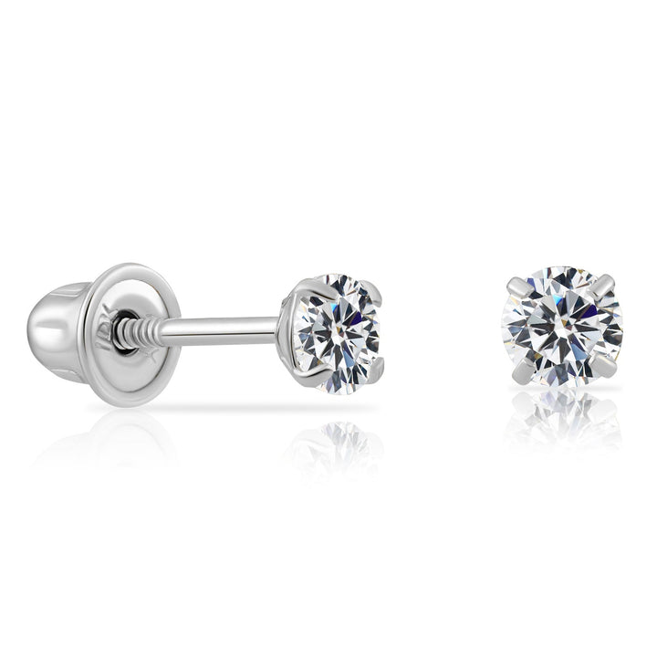 10k White Gold Solitaire Round Cubic Zirconia Stud Earrings - Screwback