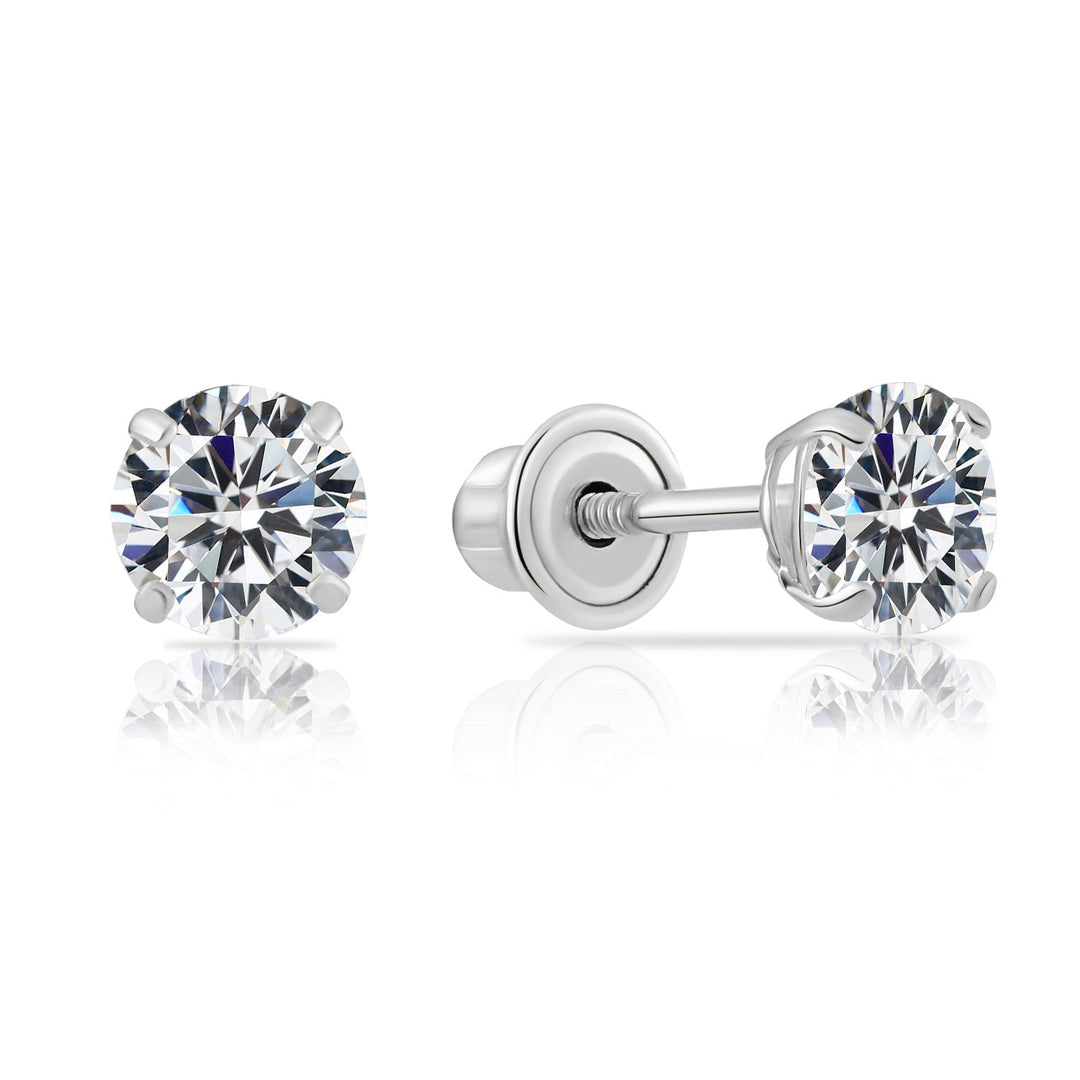 14k White Gold Cubic Zirconia Solitaire Stud Earrings, Screwback