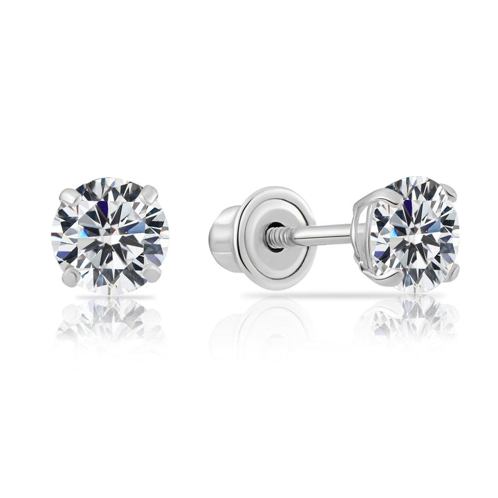 14k White Gold Cubic Zirconia Solitaire Stud Earrings, Screwback