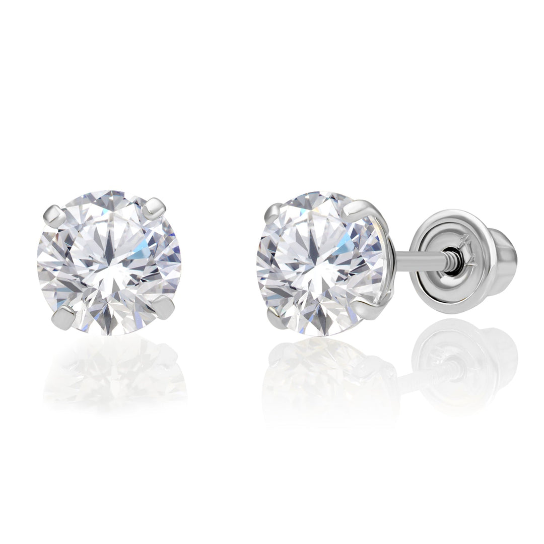 10k White Gold Solitaire Round Cubic Zirconia Stud Earrings - Screwback