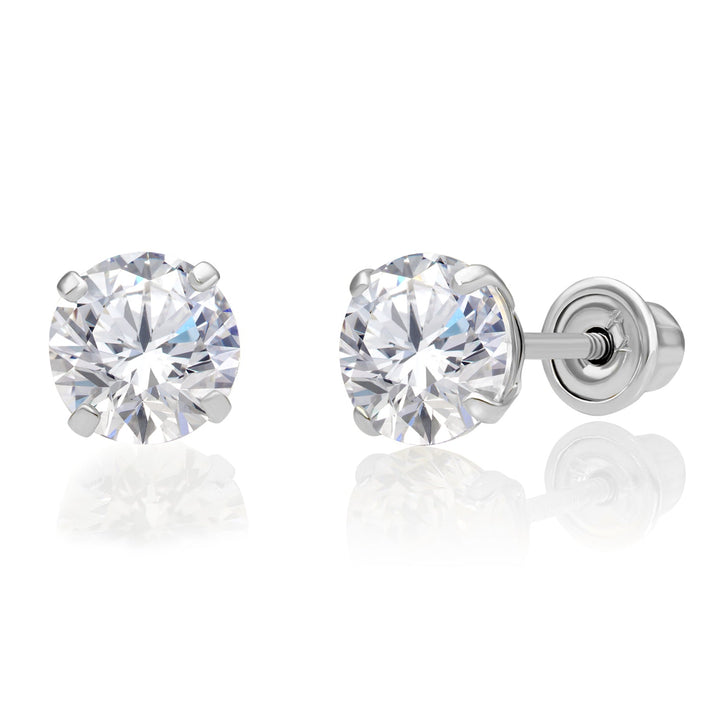 10k White Gold Solitaire Round Cubic Zirconia Stud Earrings - Screwback