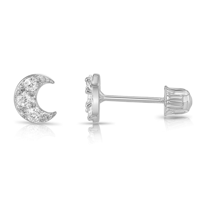 14k Gold Cubic Zirconia Cresent Moon Stud Earrings, Screwback