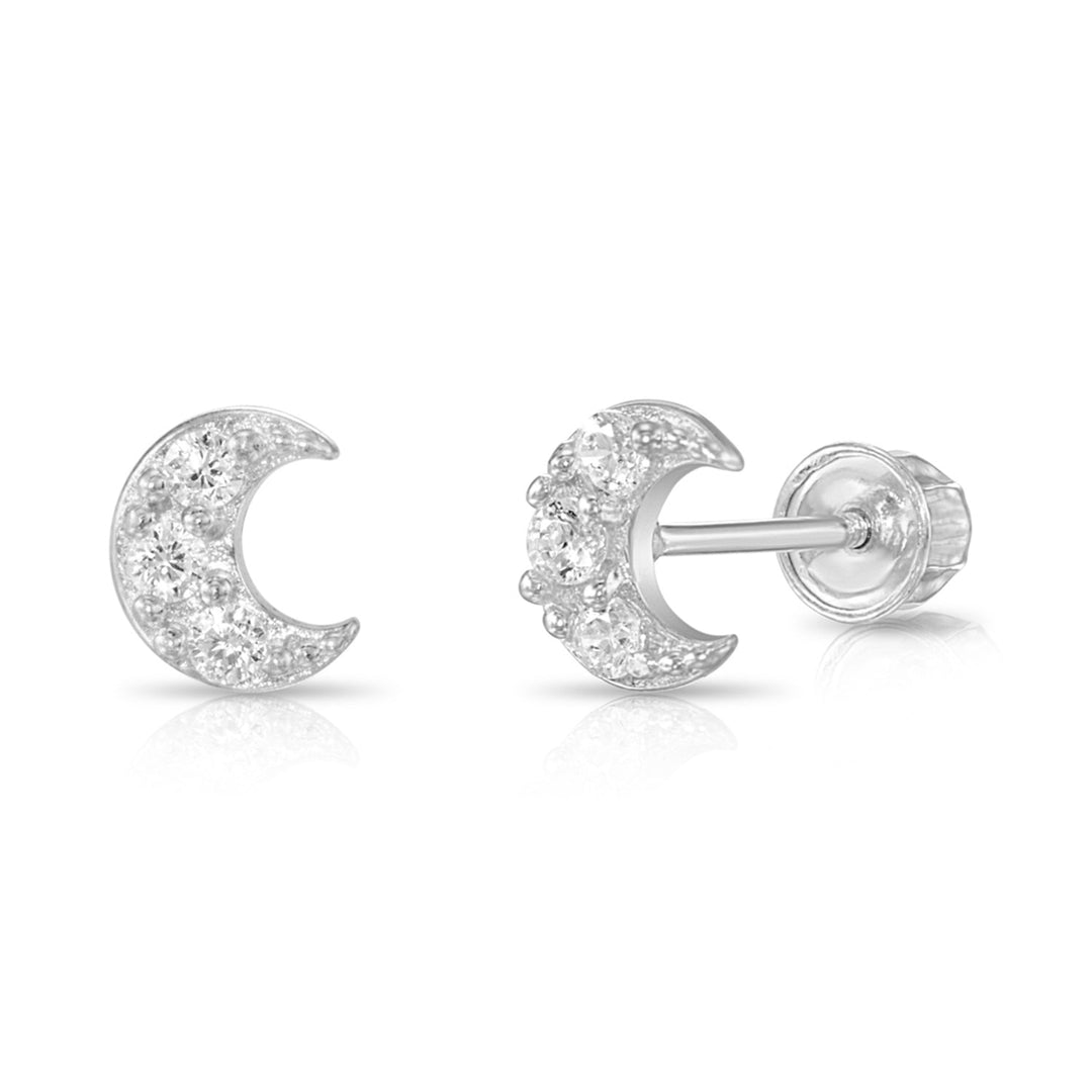 14k Gold Cubic Zirconia Cresent Moon Stud Earrings, Screwback