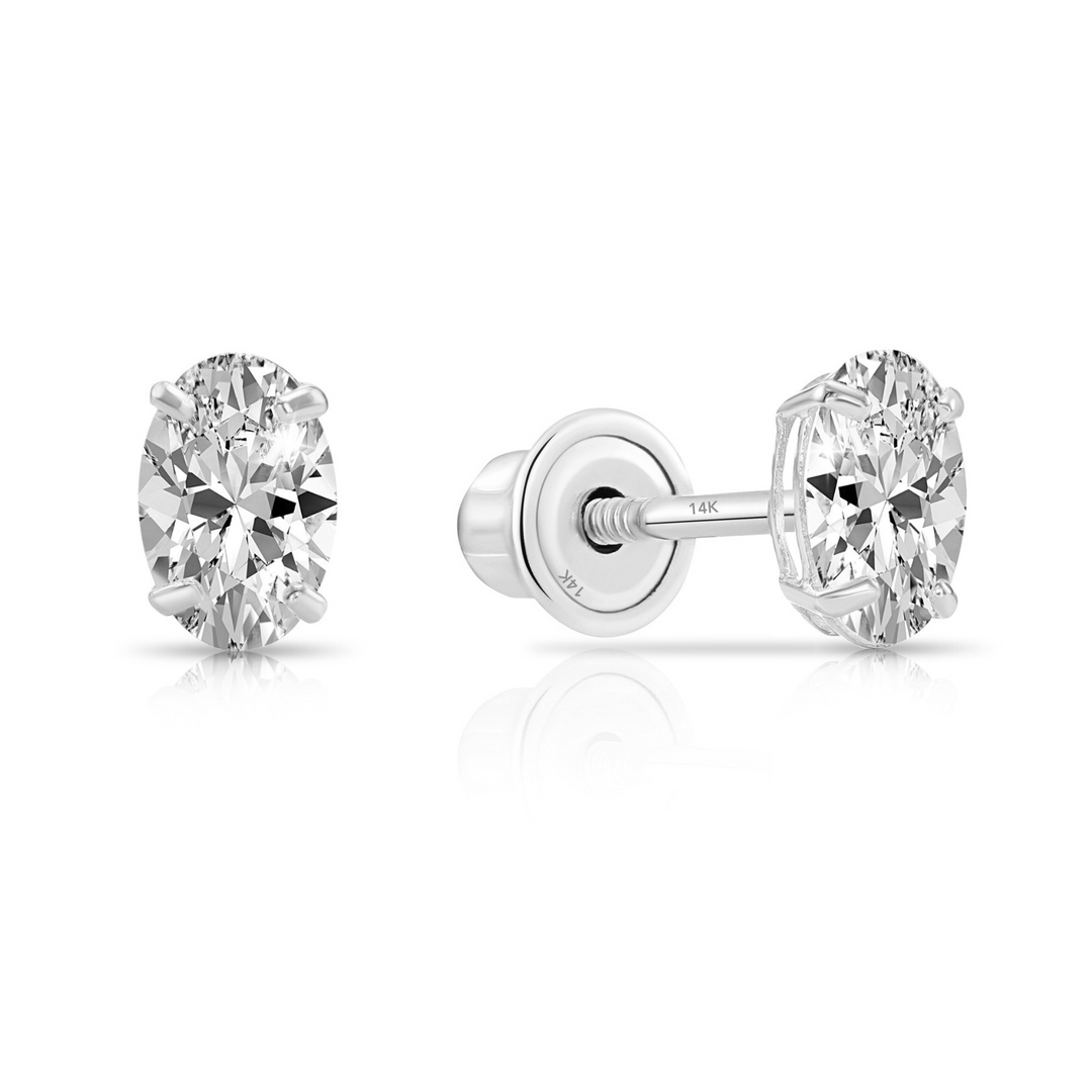 14k White Gold Cubic Zirconia Oval Earrings, Screwback