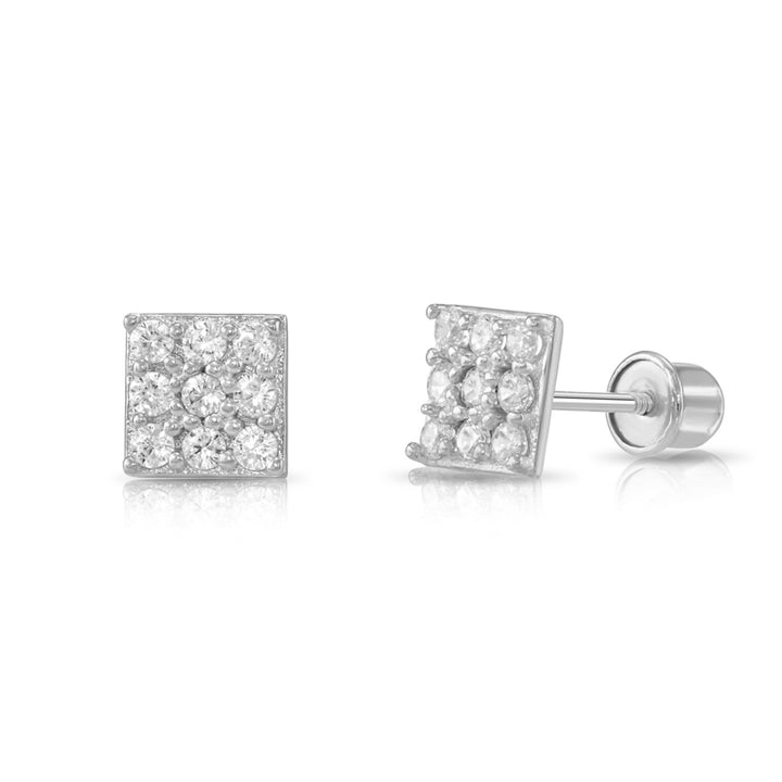 14K Gold Cubic Zirconia Square Stud Earrings, Screwback