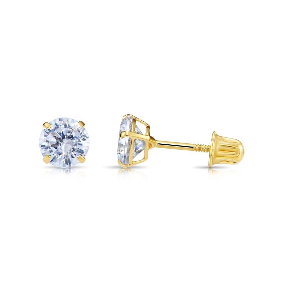14k Solid Yellow Gold Round Birthstone Cubic Zirconia Stud Earrings - SCREWBACK - 5mm