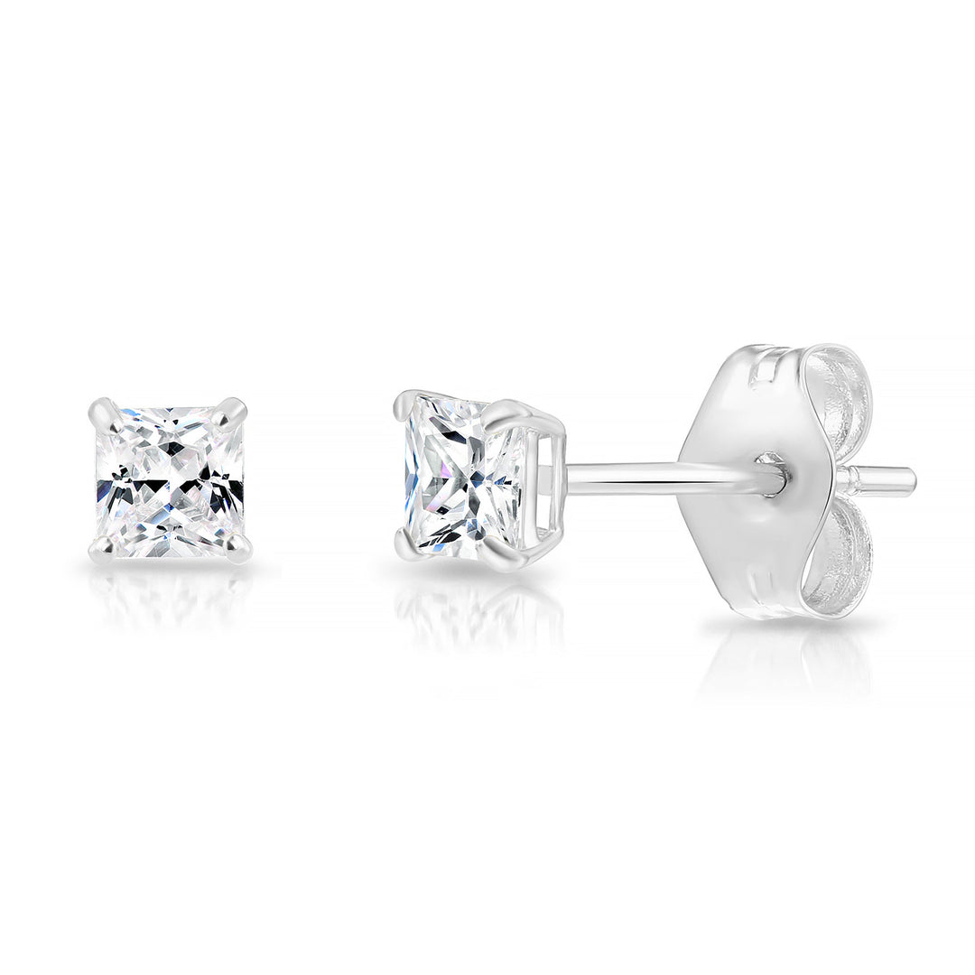 14k White Gold Cubic Zirconia Square Princess-Cut Stud Earrings, Pushback
