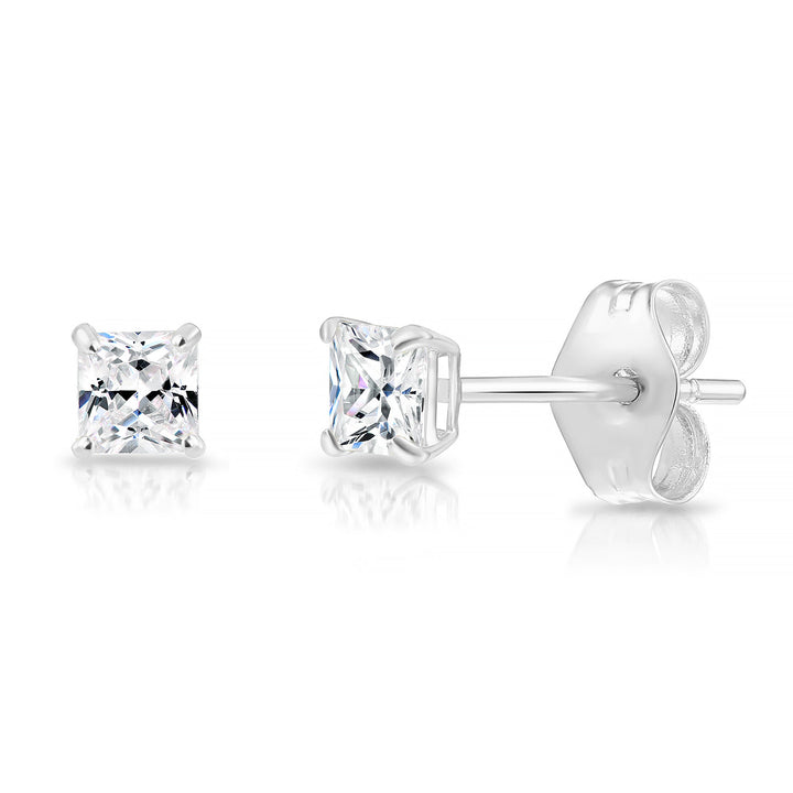 14k White Gold Cubic Zirconia Square Princess-Cut Stud Earrings, Pushback